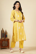 Yellow Cotton Emboridered And Printed Suit Set