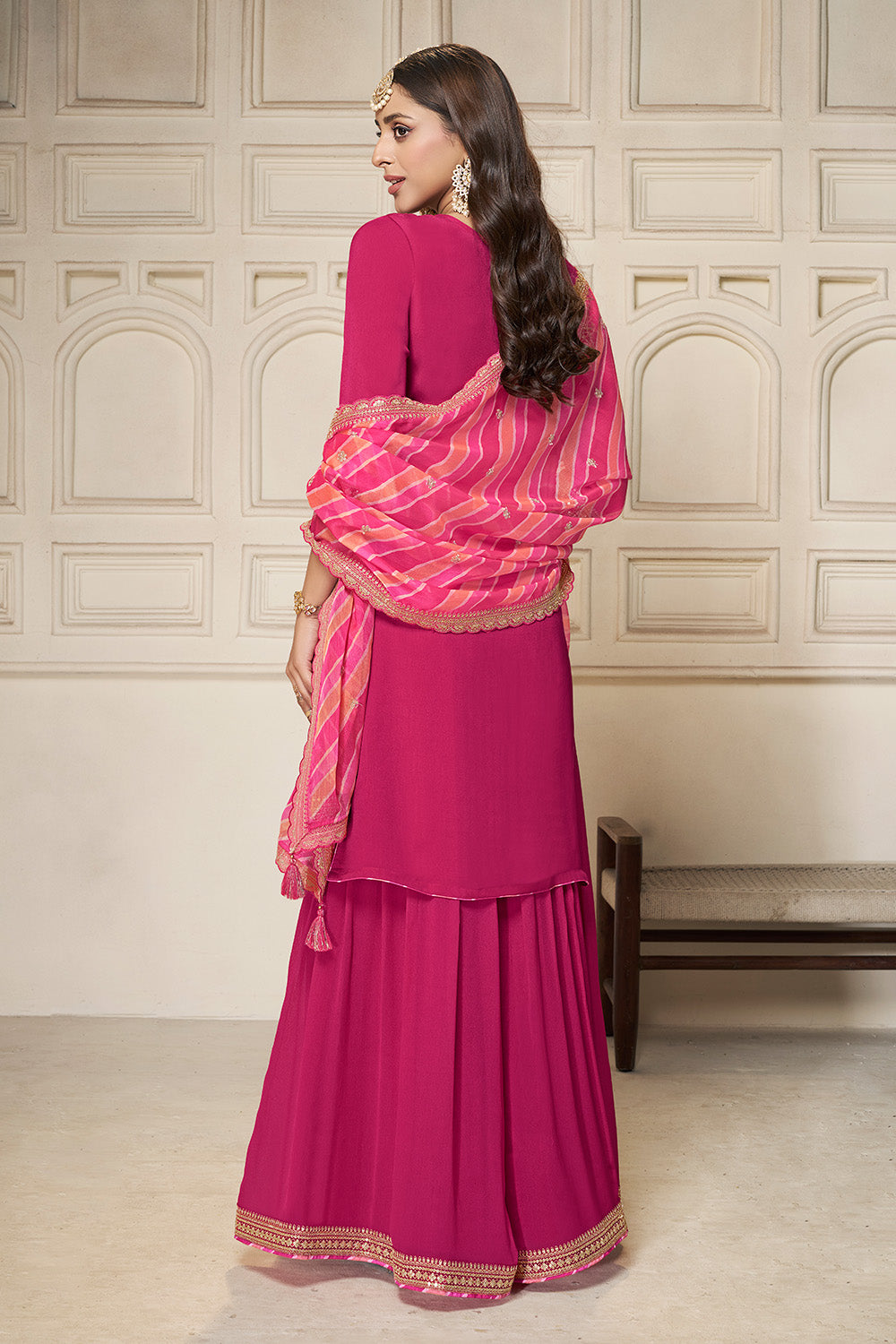 Fuchsia Pink Color Crepe Silk Zari Embroidered Suit With Sharara