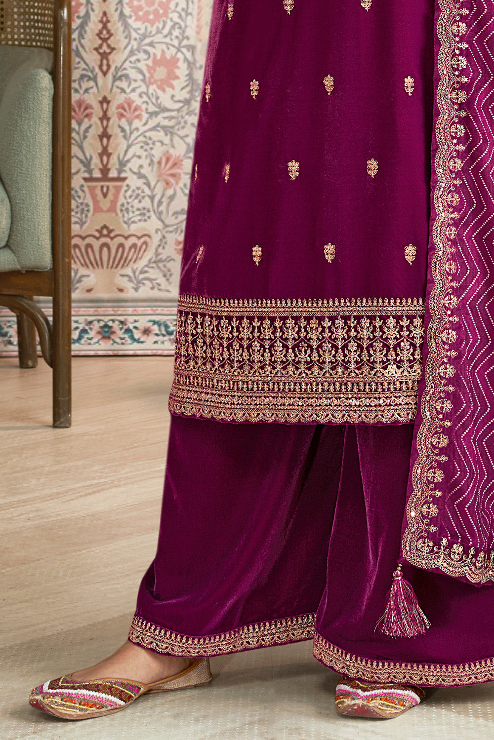 Wine Velvet Sequins and Zari Embroidered Unstitched Suit Fabric