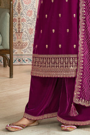 Wine Velvet Sequins and Zari Embroidered Unstitched Suit Fabric