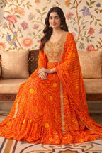 Orange Georgette Fabric Neck Embroidered & Bandhani Printed Anarkali KurtI
