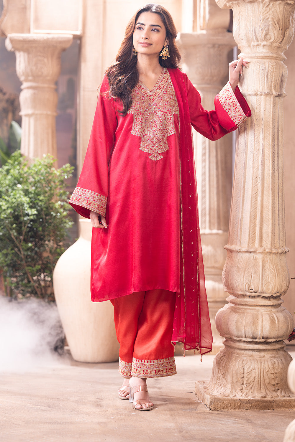 Cherry Red Zari & Sequins Embroidered Silk Suit