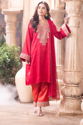 Cherry Red Zari & Sequins Embroidered Silk Suit