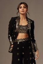 Black Color Georgette Embroidered Crop-Top palazzo Set With Shrug