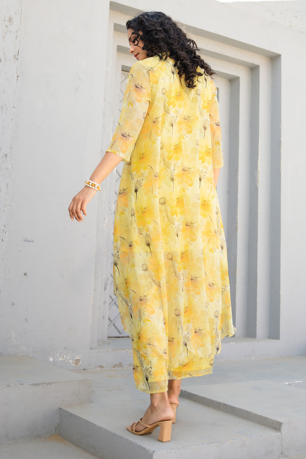 Yellow Chinone Floral Printed Kurta with Palazzo