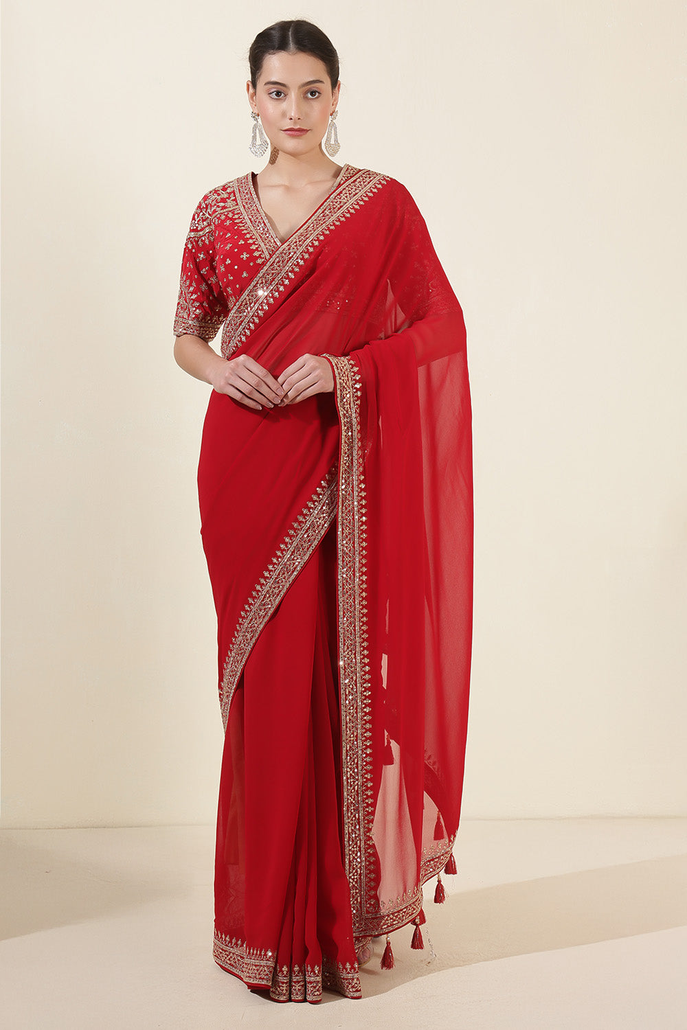 Red Colour Georgette Sequins And Zari Embroidered Saree With Readymade Blouse