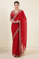 Red Colour Georgette Sequins And Zari Embroidered Saree With Readymade Blouse