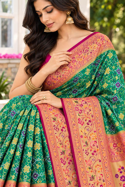 Teal Green Silk Printed And Woven Border Saree