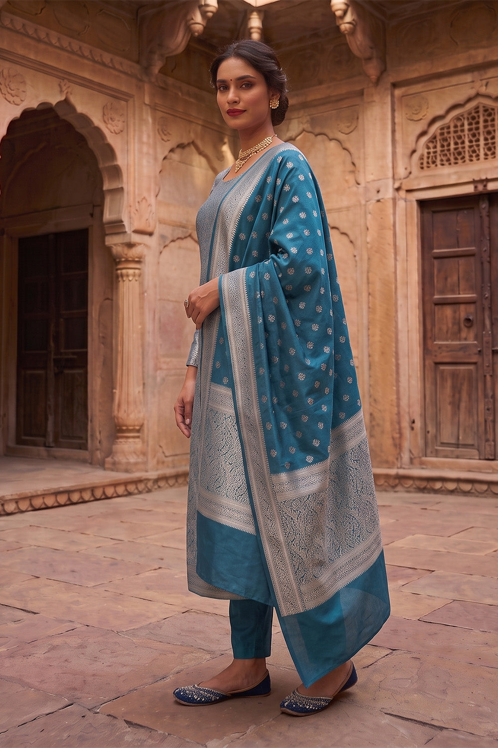 Teal Blue Banarsi Silk Woven Unstitched Suit Material