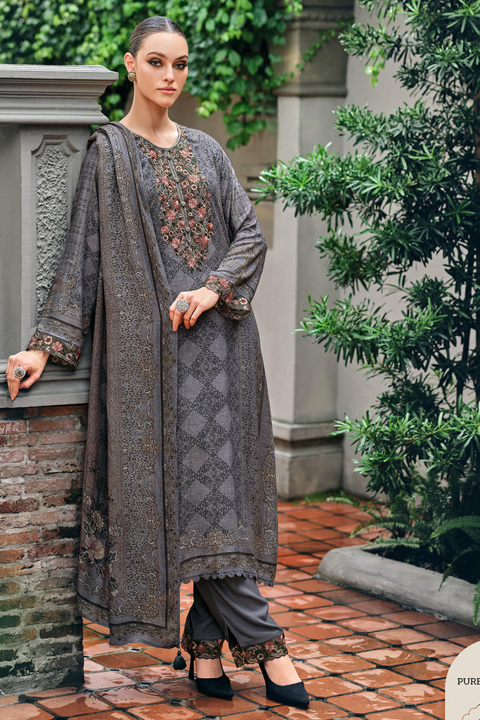 Grey Color Viscose Cotton Printed & Embroidered Unstitched Suit Material