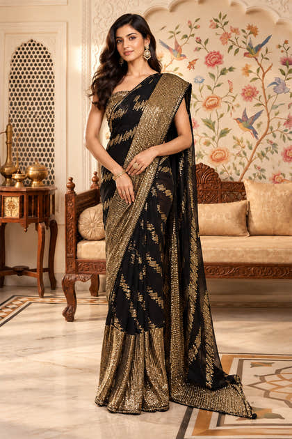 Black Sequins Embroidered Georgette Saree