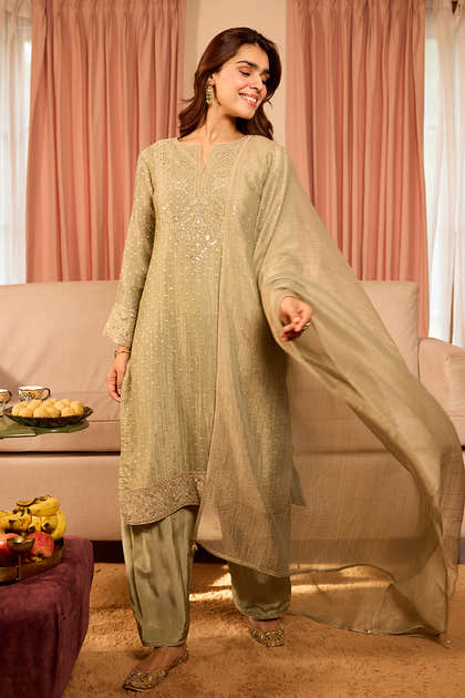 Seagreen Salsa Tissue Embroidered Unstitched Suit Material