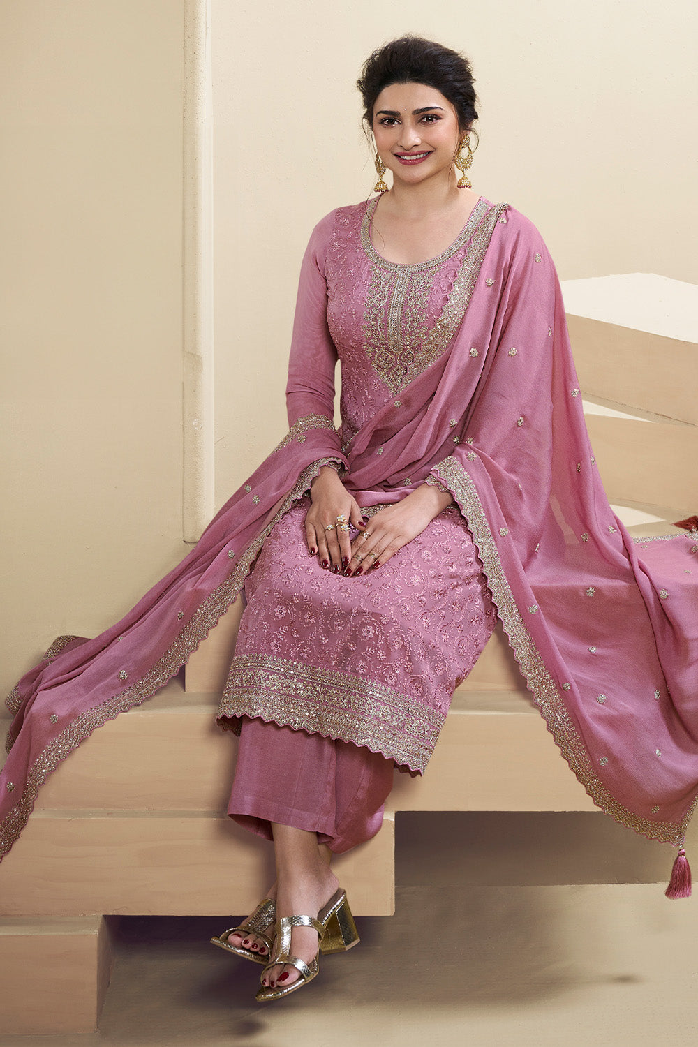 Dusty Pink Color Georgette heavy Embroidered Unstitched Suit Material