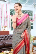 Black Chanderi Silk Printed And Zari Woven Saree