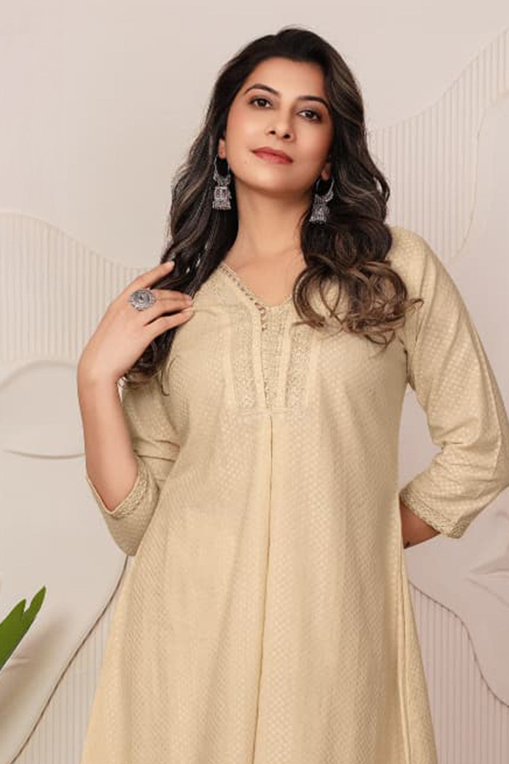 Beige Cotton Resham Embroidered Kurta Set