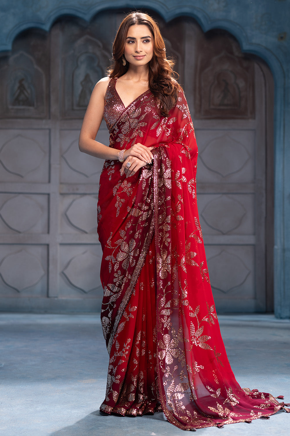 Red Pure Georgette Sequins Floral Embroidered Saree