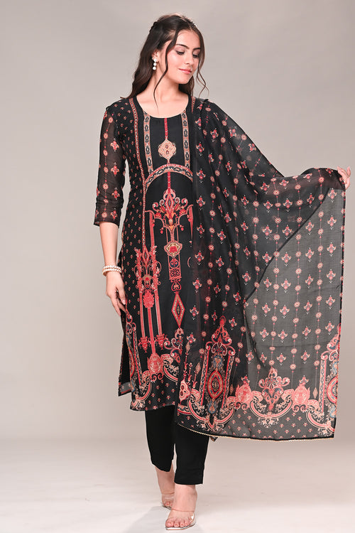 Black Chanderi Silk Printed Straight Suit