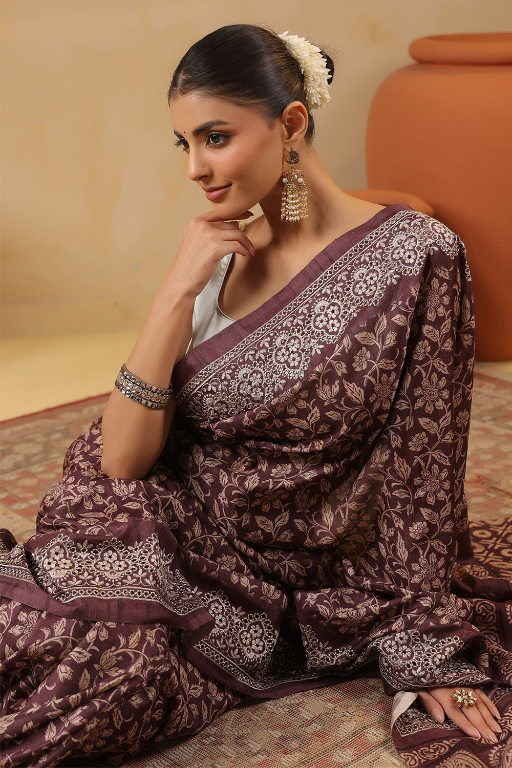 Brown Tussar Silk Printed Saree