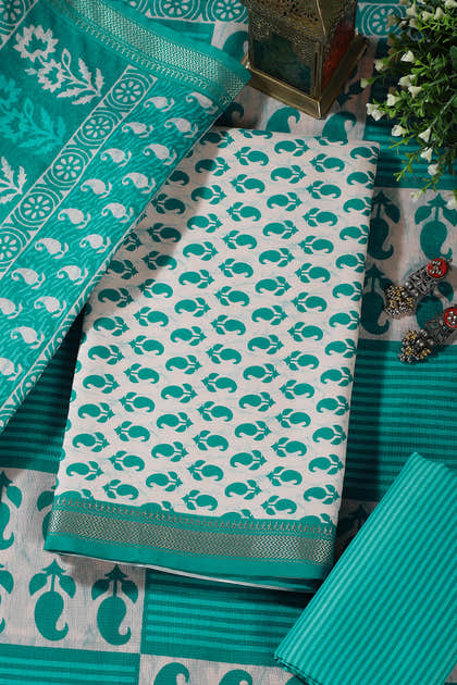 Cream & Teal Cotton Dabu Block Print Unstitched Suit Material