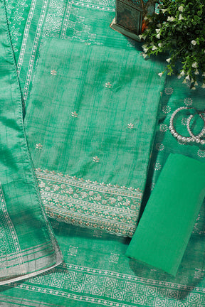 Sea Green Tussar Silk Embroidered Unstitched Suit Material