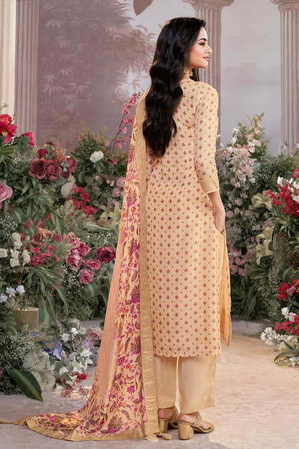 Cream Floral Printed & Zari Woven Silk Suit
