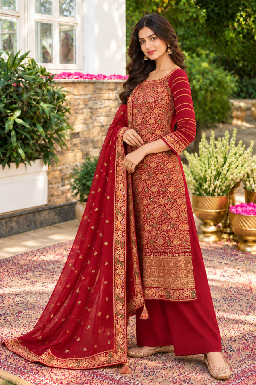 Maroon Floral Embroidered Georgette Unstitched Suit Material