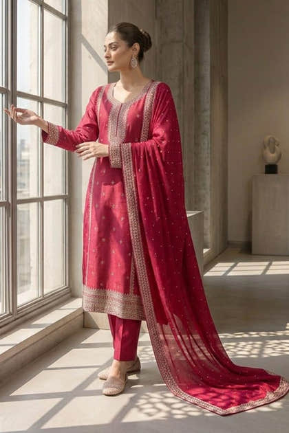 Magenta Pink Crepe Silk Zari and Sequins Embroidered Anarkali Suit