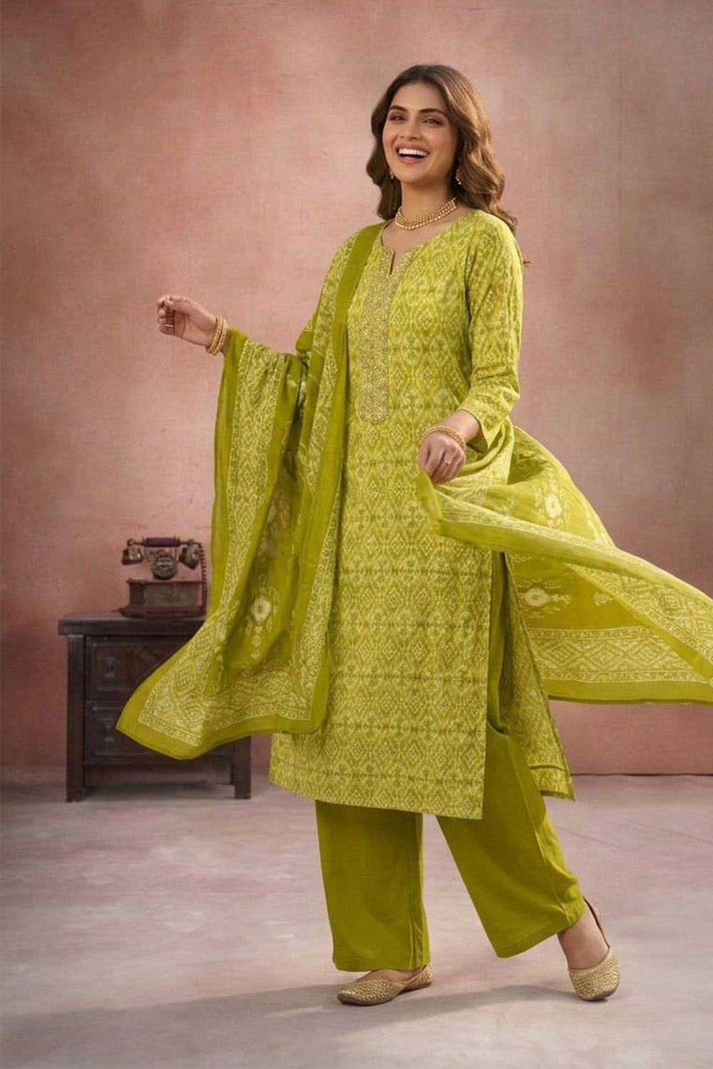 Green Cotton Woven Straight Suit