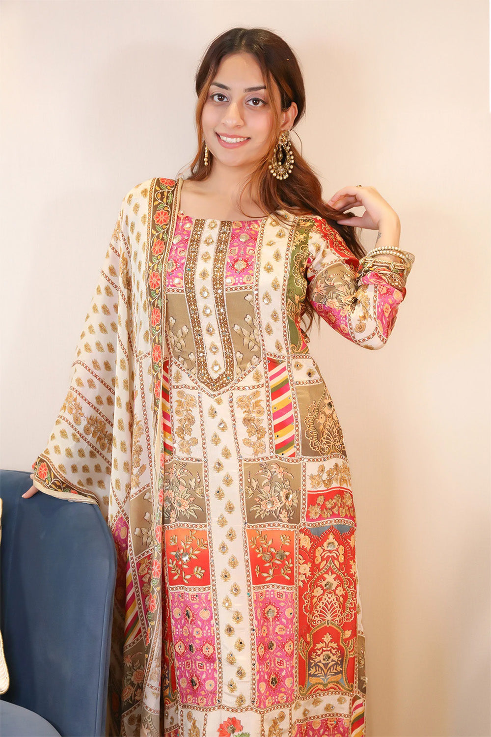Cream Crepe Silk Printed Suit
