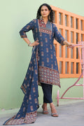 Blue Colour Printed Muslin Straight Suit