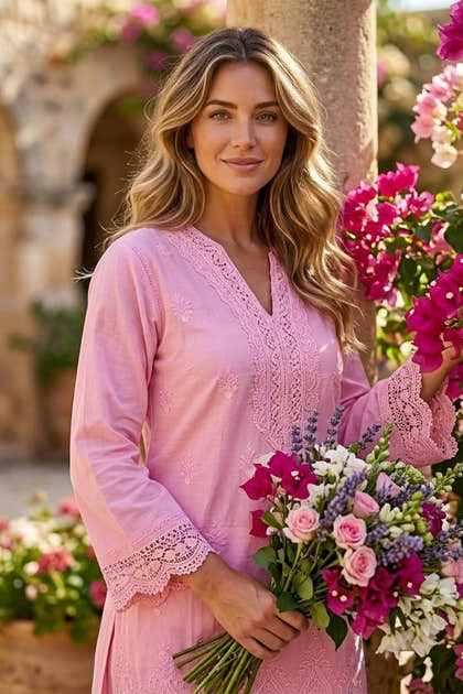Pink Cotton Resham Embroidered And Lace Work Kurta Set