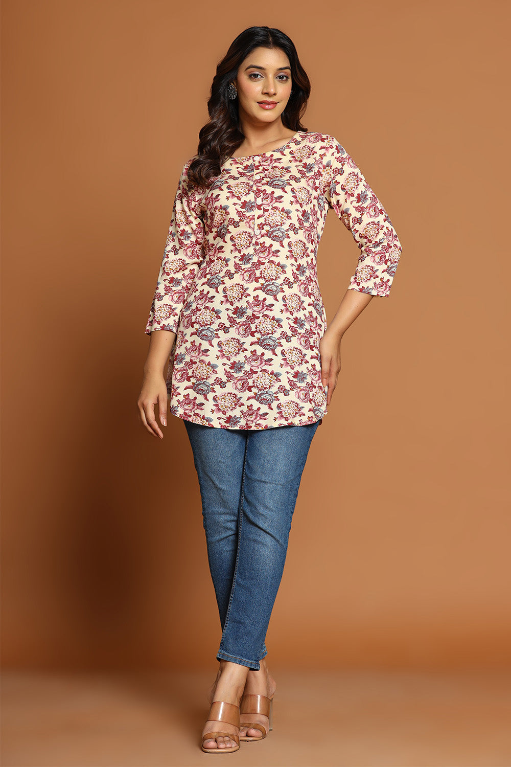 Beige & Maroon Color Floral Printed Kurti