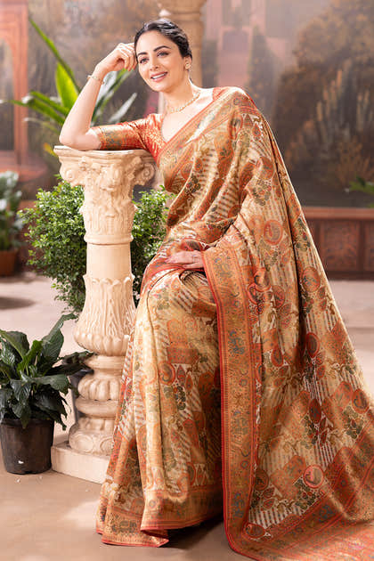 Beige Colour Position Print Woven Silk Saree