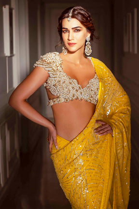 Mustard Color Georgette Sequins Embroidered Saree With Readymade Blouse