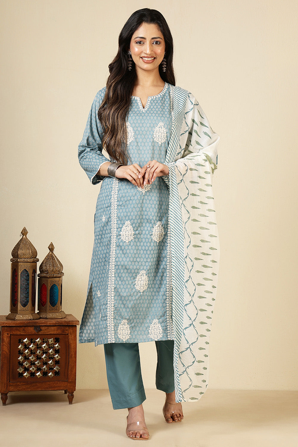 Blue Cotton Emboridered And Printed Suit Set