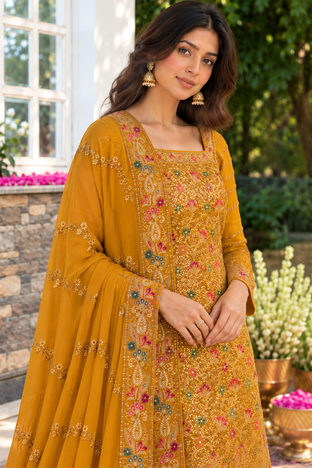 Mustard Floral Embroidered Georgette Unstitched Suit Material