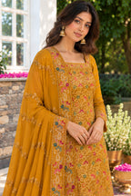 Mustard Floral Embroidered Georgette Unstitched Suit Material