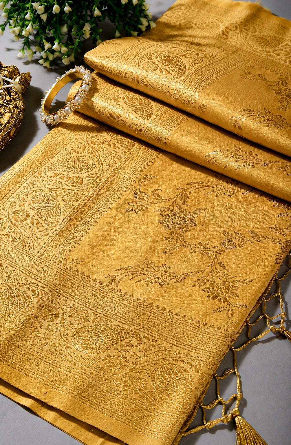 Golden Color Zari Woven South Silk Saree