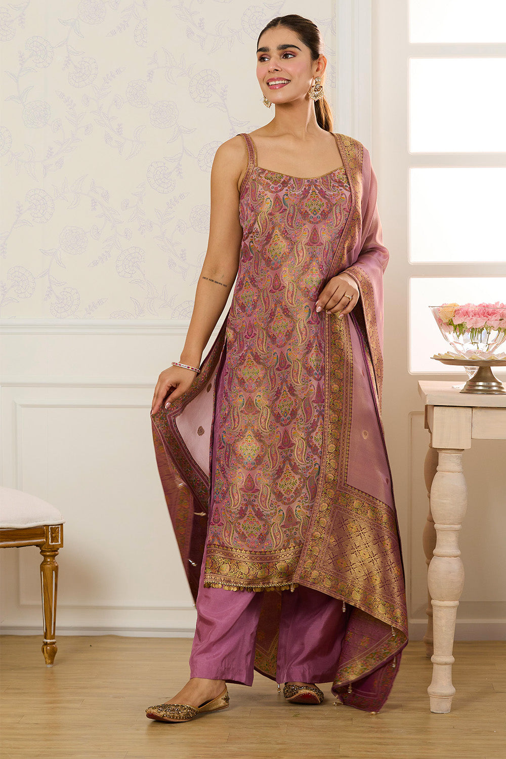 Mauve Banarasi Khaddi Georgette Woven Unstitched Suit Material