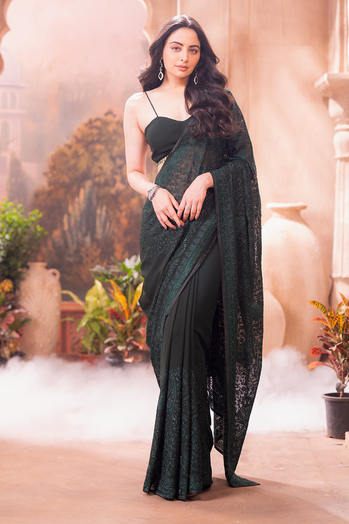 Green Georgette Resham And Swaroski Embroidered Saree