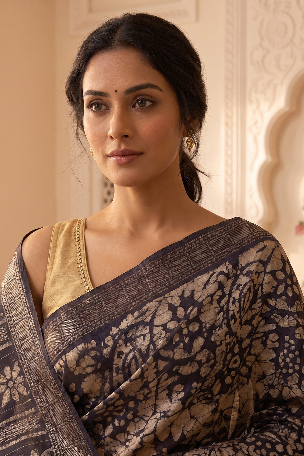 Navy And Beige Cotton Printed And Woven Border Saree