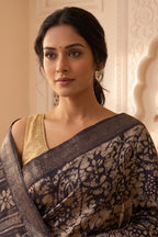 Navy And Beige Cotton Printed And Woven Border Saree