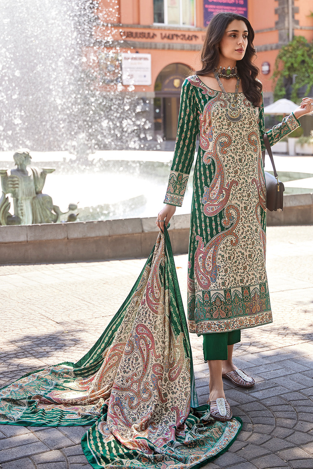 Beige & Green Color Pashmina Printed Unstitched Suit Material
