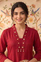 Maroon Rayon Cotton Kurta With Printed Palazzo