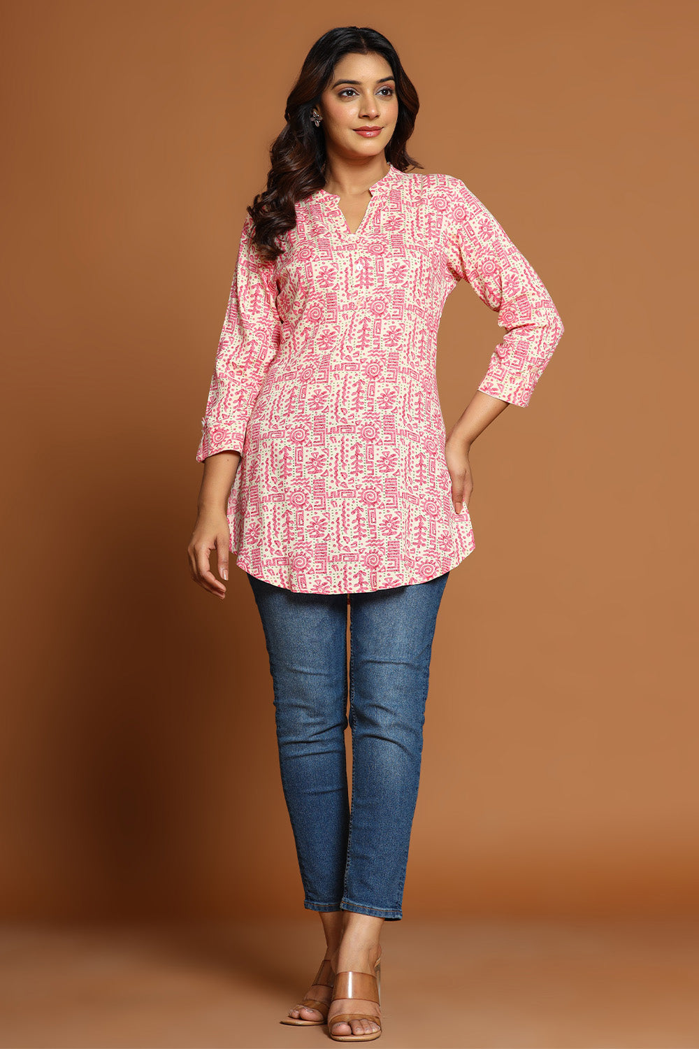 Pink & Beige Color Cotton Printed Tunic