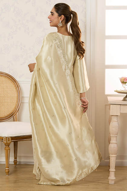 Cream Shisha Silk Work Unstitched Suit Material