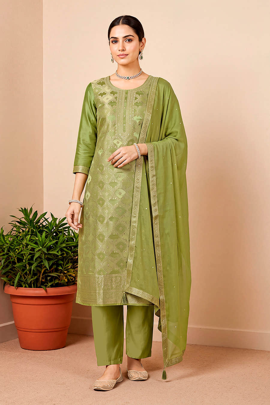 Green Silk Woven Unstitched Suit Fabric