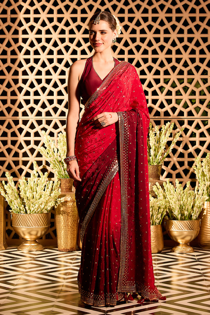 Red Crepe Floral Woven And Embroidered Saree