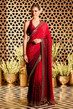 Red Crepe Floral Woven And Embroidered Saree