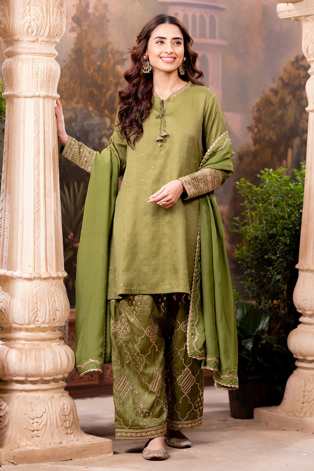 Green Embroidered Suits With Embroidered Pallazo